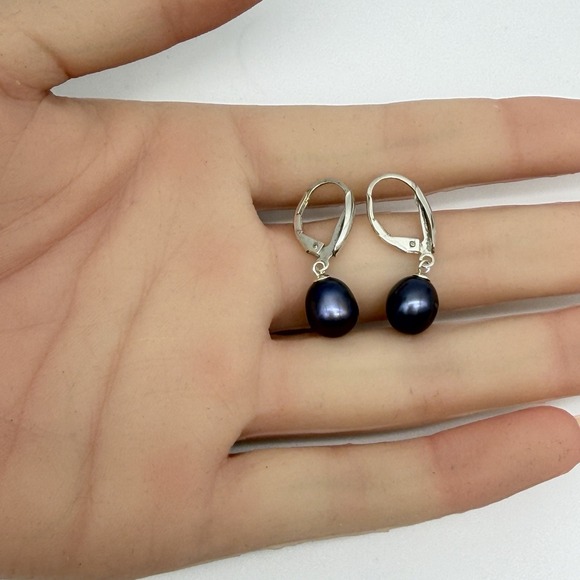 Sterling Silver South Sea Tahitian Peacock Pearl Dangle Drop Pierced Earrings - Picture 2 of 6